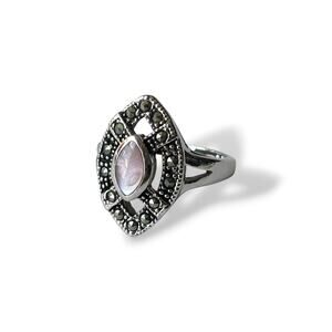 Vintage Thailand 925 Marcasite & Pink Mother of Pearl Ring - Size 7